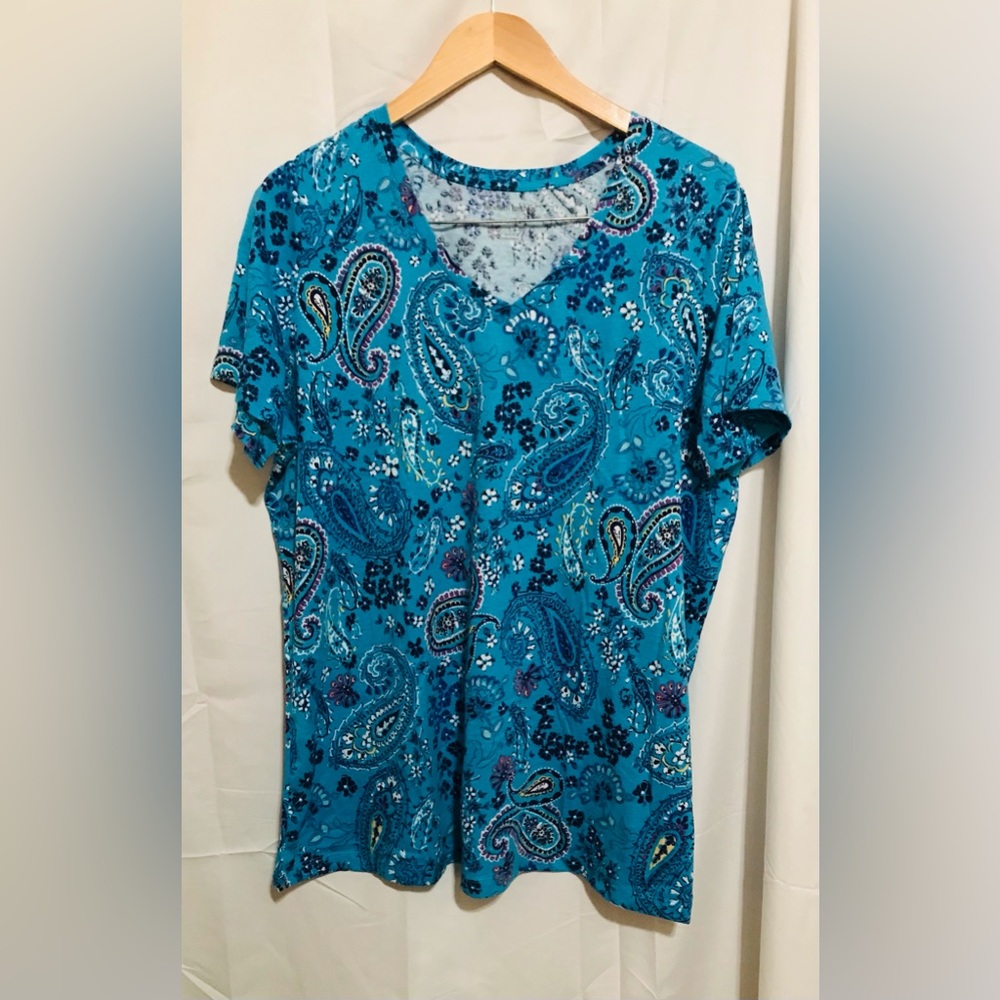 Women's Woman Within 18/20 LargeTeal Paisley V-Neck Top Shirt Print Pattern
